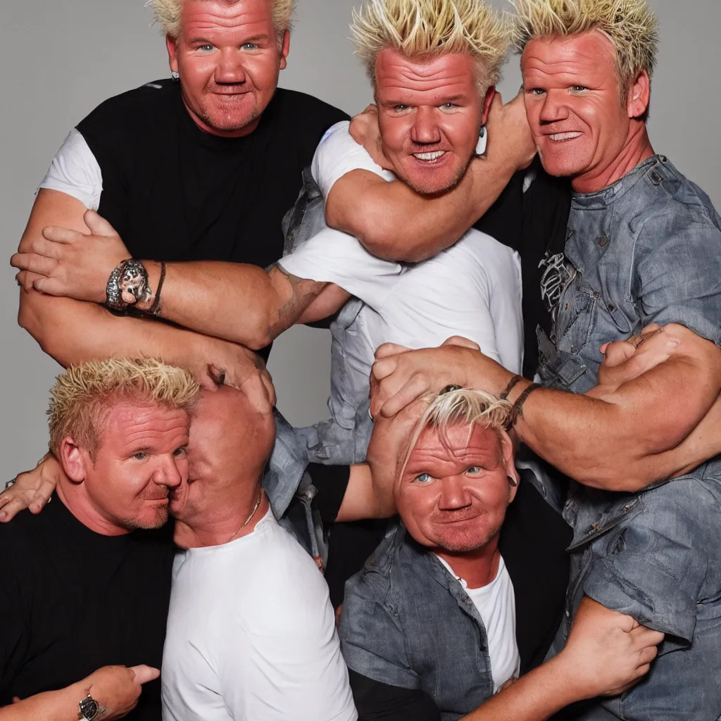 Prompt: guy fieri and gordon ramsay embracing, portrait photo, beautiful, hugging, kissing