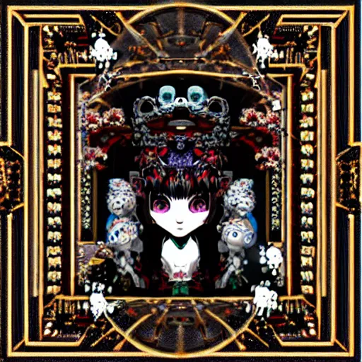 Prompt: baroque bedazzled gothic royalty frames surrounding a pixelsort emo demonic horrorcore japanese yokai doll, low quality sharpened graphics, remastered chromatic aberration