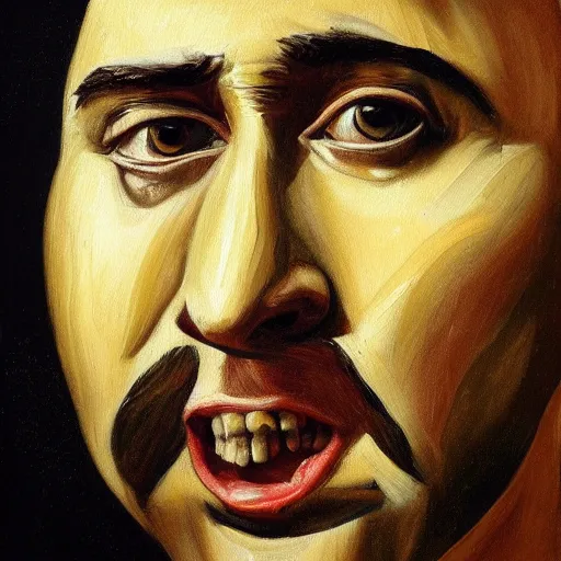 Image similar to highly detailed oil painting of nicolas cage inside of a banana, 4 k, in the style of caravaggio and dali