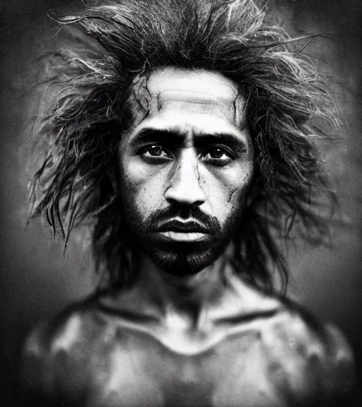 Image similar to Award winning photo of Mauri Natives with incredible hair and hyper-detailed eyes wearing traditional garb by Lee Jeffries, 85mm ND 5, perfect lighting, gelatin silver process