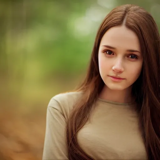 Prompt: real life photo of a beautiful girl, full body photoshoot, long brown hair, brown eyes, full round face, short smile, belly free, long sleeved belly free brown shirt, forest setting, cinematic lightning, medium shot, mid - shot, highly detailed, trending on artstation, unreal engine 4 k, 8 0 mm, 8 5 mm, cinematic wallpaper