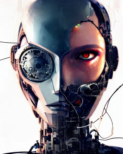 Image similar to cyborg removing her human mask revealing wires and gears behind her face, white mask, futuristic, y2k aesthetic, dramatic lighting, illustration by Greg rutkowski, yoji shinkawa, 4k, digital art, concept art, trending on artstation