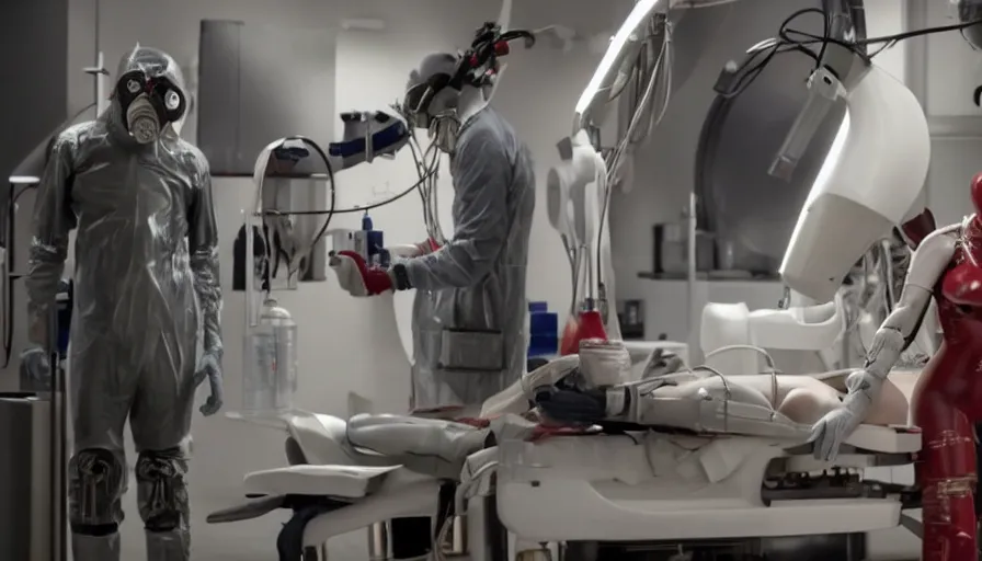 Prompt: big budget scifi movie set in a blood bank about a sexy female cyborg in rubber and gas mask getting a blood transfusion during brain transplant surgery