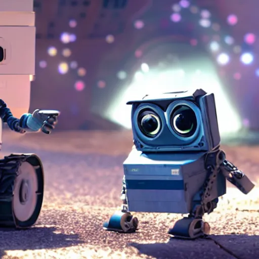 Image similar to wall - e putting mark zuckerberg in his trash compactor. cinematic 8 k, depth of field, bokeh.