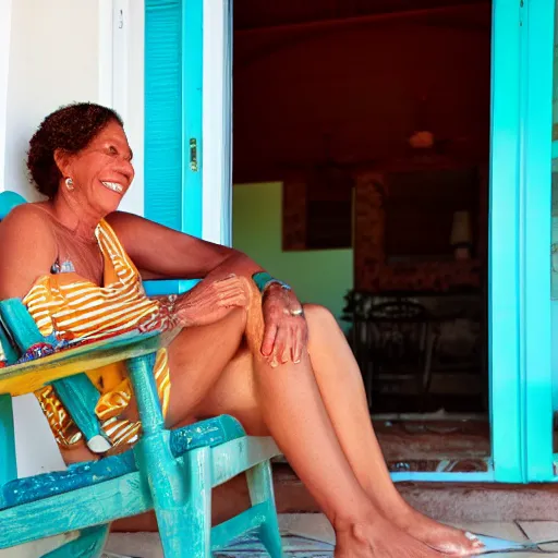 Image similar to a beautiful woman with freckles sitting on the porch, caribbean, golden hour