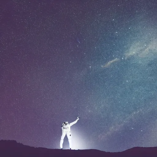 Image similar to astronaut silhouette with arms extended forward, bottom of arms lit by light coming from off camera, light coming from below, starry sky background, lit from below, full body photo,, 8 k