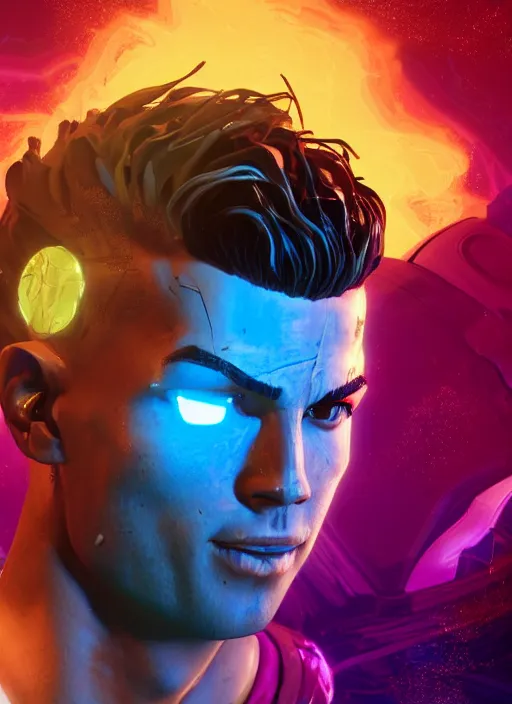 Image similar to glowwave portrait of cristiano ronaldo from borderlands 3, au naturel, hyper detailed, digital art, trending in artstation, cinematic lighting, studio quality, smooth render, unreal engine 5 rendered, octane rendered, art style by klimt and nixeu and ian sprigger and wlop and krenz cushart.