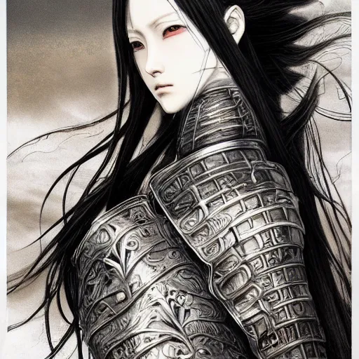 Image similar to yoshitaka amano realistic illustration of an anime girl with black eyes, wavy white hair fluttering in the wind and cracks on her face wearing elden ring armor with engraving, abstract black and white patterns on the background, noisy film grain effect, highly detailed, renaissance oil painting, weird portrait angle, three quarter view