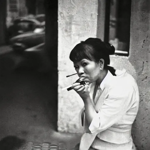 Image similar to A Filipino woman smoking outside a fancy restaurant, street photography, by Saul Leiter, Jamel Shabazz, Nan Goldin