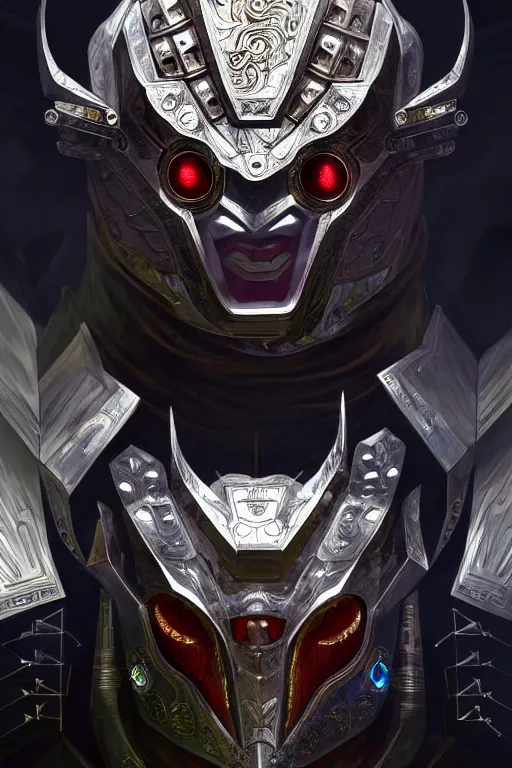 Image similar to asura from chinese myth, ghost, luxurious armor mixed with leather and metal, dystopian, cyberpunk, mecha, halfturn portrait of a big crystal face made of crystals half - turn, ominous, intricate, studio, art by anthony macbain + greg rutkowski + alphonse mucha, concept art, 4 k, sharp focus