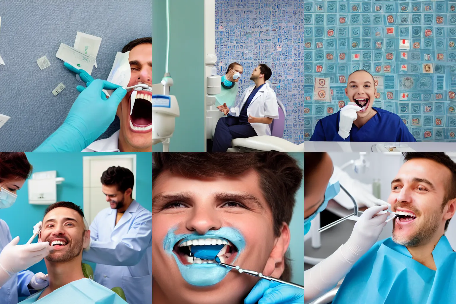 Prompt: happy dentist drilling in the mouth of a patient in a modern hospital building with UK banknotes as wallpaper