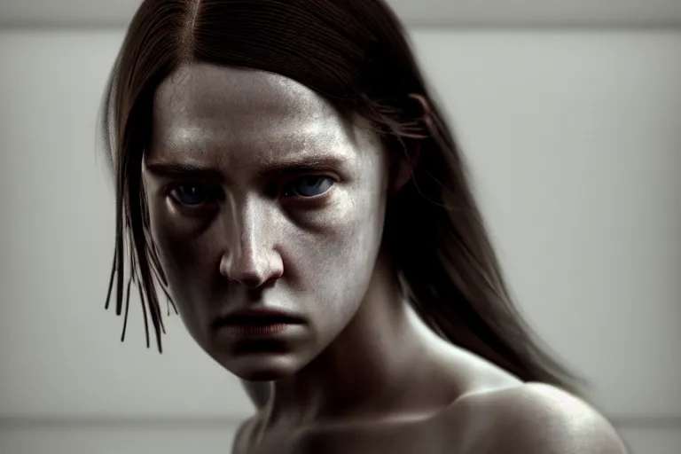 Image similar to an ultra realistic, cinematic, close up portrait, of a young woman, fire, dramatic, soft light, dreamy, facial features, stood in a cell, with prison clothing, detailed, deep focus, movie still, dramatic lighting, ray tracing, by michal karcz and yoshitaka and david cronenberg