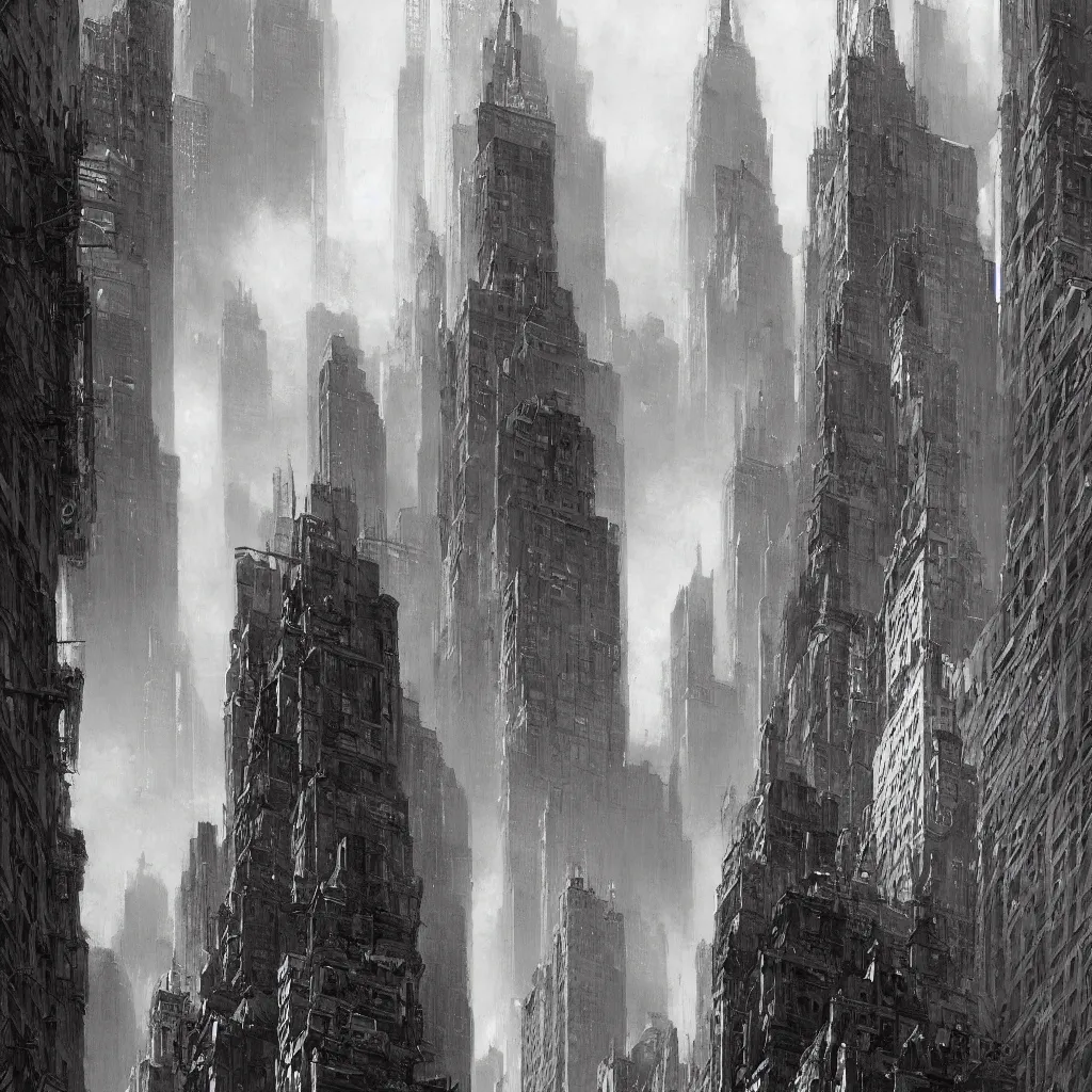 Prompt: detailed cinematic low angle shot of new york skyscrappers in grey scale colors, spring light, painting by gaston bussiere, craig mullins, j. c. leyendecker