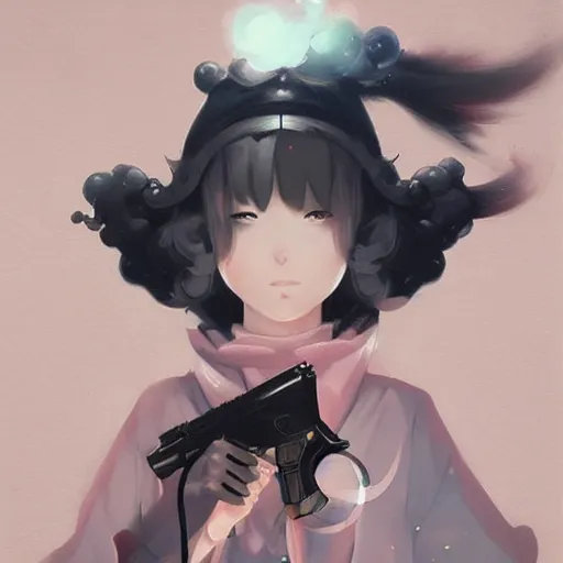 Image similar to beautiful surreal pistol, light pink, Japanese style, cute, in the style of anime by Peter Mohrbacher,