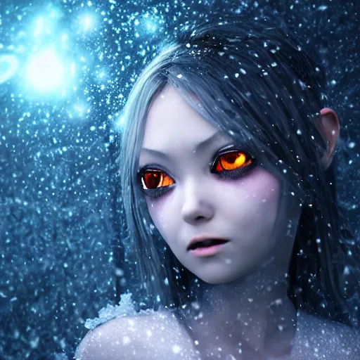 Prompt: photorealistic full body shot of masterpiece angry darkness anime girl, beautifull lovely eyes, electric aura with particles, snowing frozen ice, darkness background, inspired by tim burton, detailed, unreal engine 4 k, volumetric light, fog