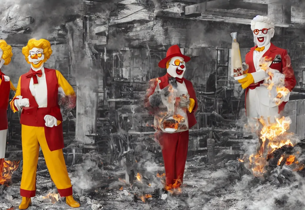 Prompt: Ronald McDonald and Colonel Sanders are hobos standing next to burning barrel under a bridge