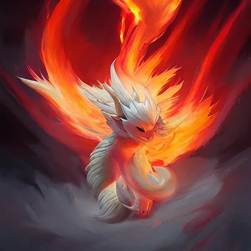 Prompt: pokemon ninetails of fire, artstation greg rutkowski, cinematic, hyperrealist, digital art