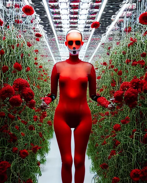 Prompt: symmetrical portrait of a woman wearing a red embroidered translucent silicone mask and white frizzy hair buns, wearing a black bodysuit by alexander mcqueen, standing in a sterile room full of translucent silicone flowers and plants, white background, soft diffused light, biotechnology, humanoide robot, futuristic aesthetic, translucent, ethereal, intricate details, highly detailed, masterpiece,