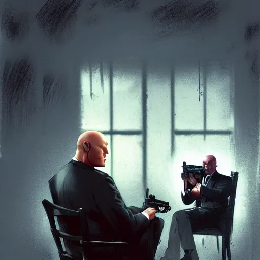 Image similar to agent 4 7 with a silenced pistol approaching a man in a chair, by marc simonetti