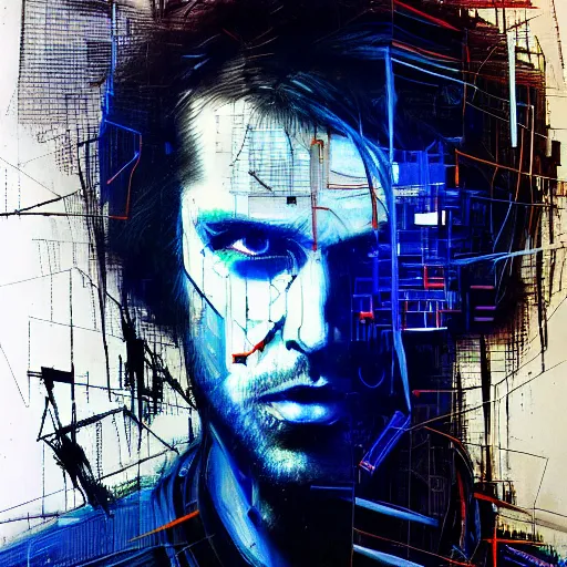 Prompt: hyperrealistic portrait of a cyberpunk man, long hair, by Guy Denning, Johannes Itten, Russ Mills, glitch art, glitch eyes, hacking effects, glitch effects, digital tech effects, cybernetics, detailed lines, chromatic, color blocking!, oil on canvas, highly detailed, close up, front view, symmetrical, octane, concept art, abstract, blue and black, 8k, cinematic, trending on artstation