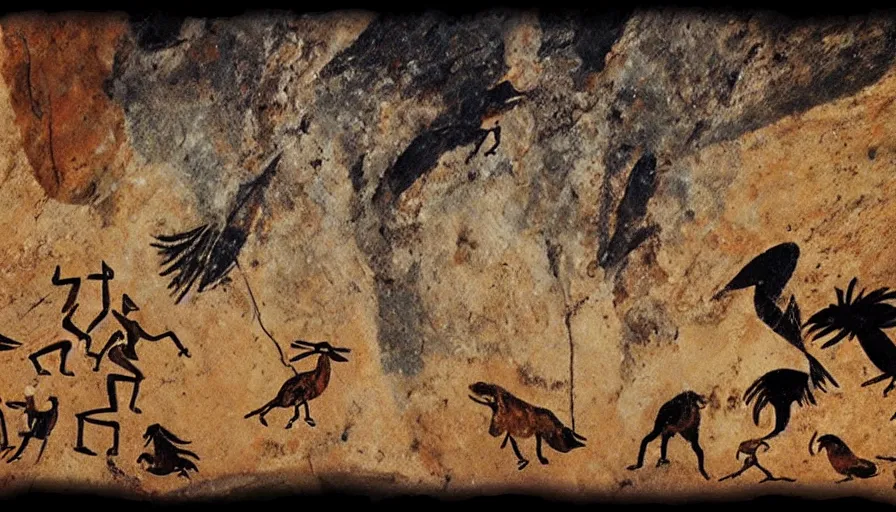 Image similar to neolithic cave painting of patapons fighting a giant bird, 4 k, history channel, psp, japan studio game, art by rolito, high quality