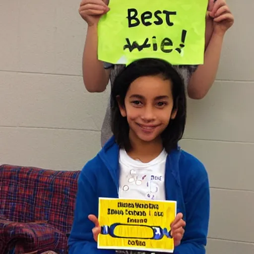 Image similar to award winning photo of the spelling bee champion holding a sign that says best speller