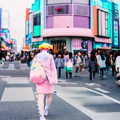 Image similar to a single person walking in Harajuku pastel colors