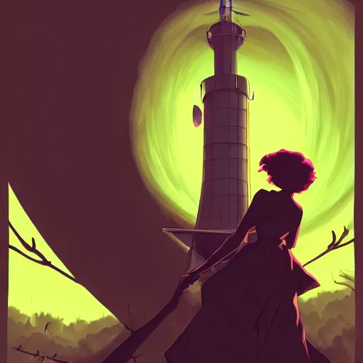 Image similar to abigail larson, don bluth, artgerm, joshua middleton, purple color pallete, welcome to night vale, radio tower with black hole above it, helicopter, spooky strange weird quirky, cartoon, 2 d, chiral lighting