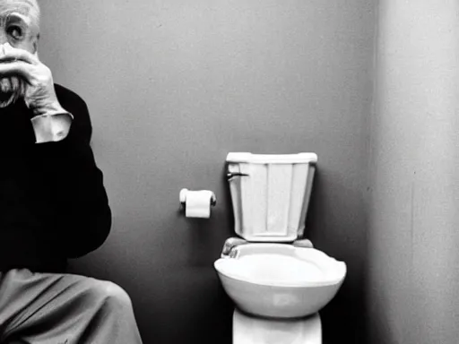 Prompt: an old man suspiciously drinking water from a toilet