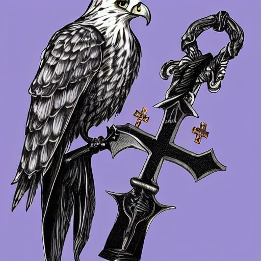 Image similar to an hawk holding a black cross shaped sword in his beak, digital art, 4 k, pirates of the caribbean style