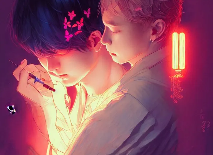 Prompt: harmony of butterfly, mute, neon light language, ( black haired yoongi holding a lighter & blonde jimin crying holding yoongi's shoulder ) by wlop, james jean, victo ngai, beautifully lit, muted colors, highly detailed, fantasy art by craig mullins, thomas kinkade