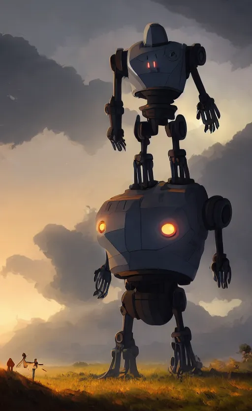 Image similar to iron giant standing near his farm, dynamic lighting, photorealistic fantasy concept art, trending on art station, stunning visuals, creative, cinematic, ultra detailed