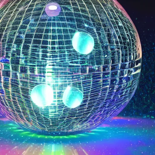 Image similar to render of an ultrarealistic photograph of a very clear and crystal disco ball with a high - powered laser shooting light into the disco ball and dispersing full spectrum light beautifully onto the surrounding surfaces, light dispersion, light effects, 3 d render, octane render, luxcore render, visual caustics, light dispersion, 8 k