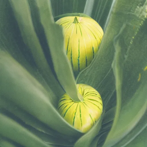 Image similar to completely yellow mellon on a lush green medow. portrait, 3 5 mm