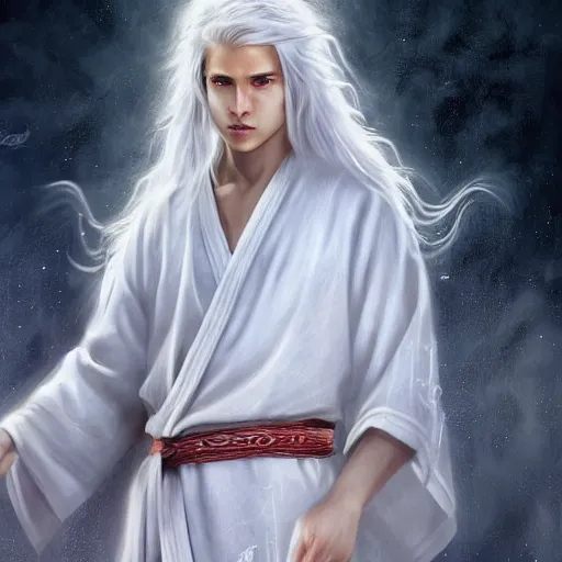 Prompt: teen boy, handsome, godly looks, long white hair, white daoist robes, digital painting, highly detailed, full body, d&d, by sophie anderson