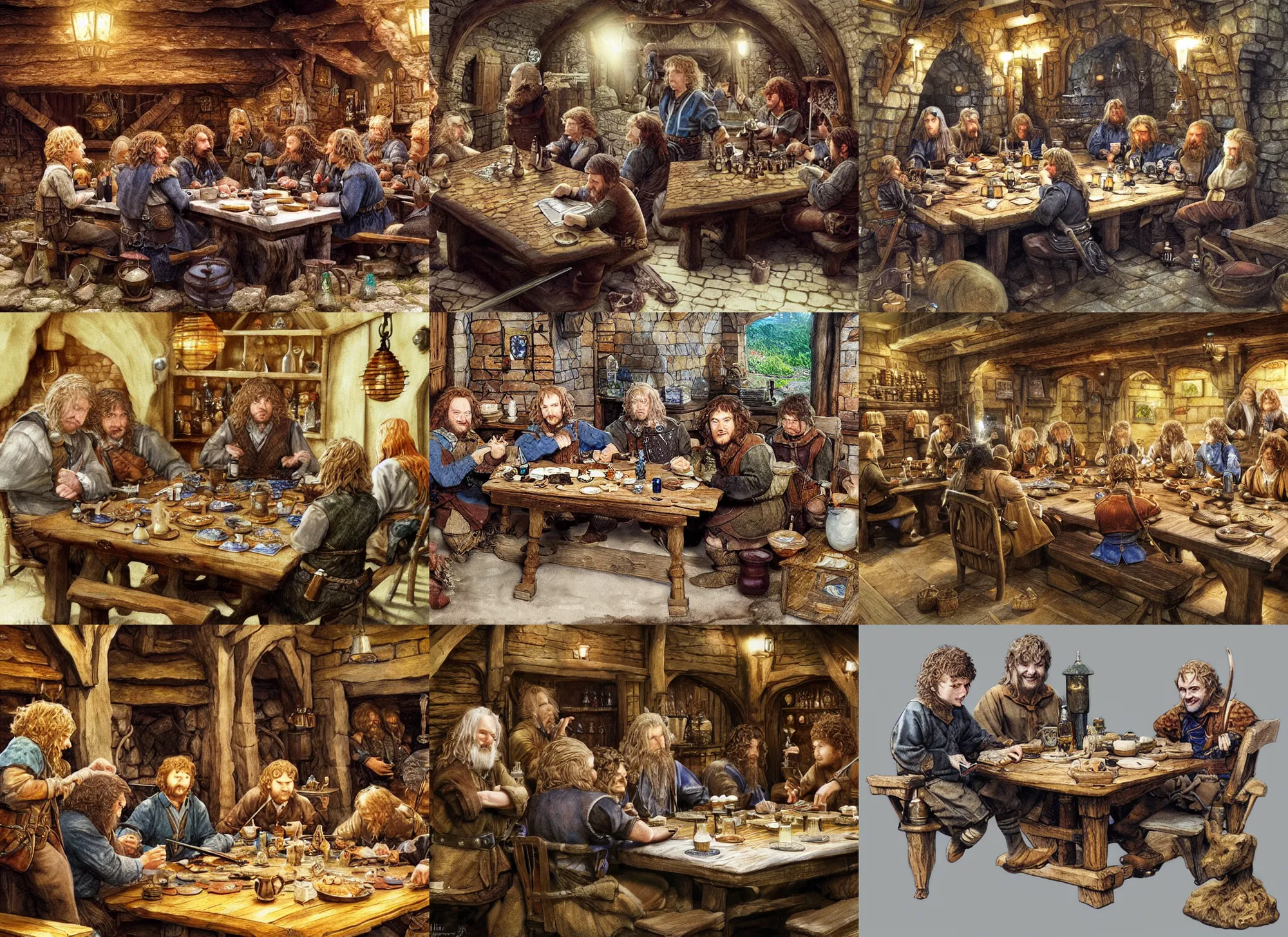 Prompt: hobbits playing d & d in a tavern, by alan lee, intricate, highly detailed furnishings, 2 0 mm miniature figures on the table, digital painting, artstation