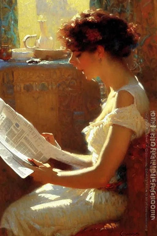 Prompt: attractive woman drinking coffee and reading newspaper, painting by gaston bussiere, craig mullins