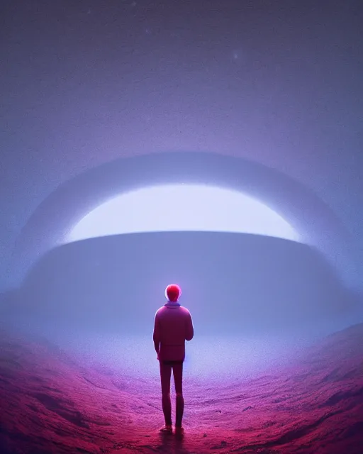 Image similar to a person standing in front of a glowy open door that's on a barren moon, poster art by mike winkelmann, trending on cg society, space art, sci - fi, ue 5, futuristic, volumetric lighting, light casting onto the ground, neat composition and camera angle