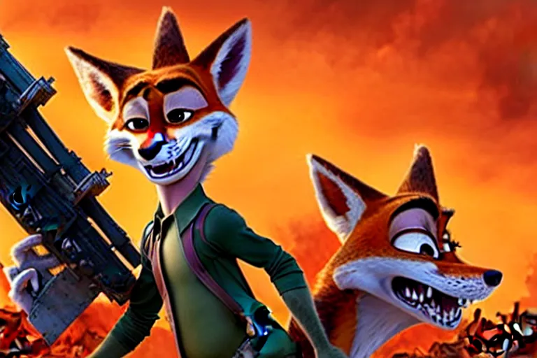 Image similar to nick wilde ( from zootopia ), heavily armed and armored facing down armageddon in a dark and gritty reboot from the makers of mad max : fury road