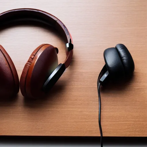 Prompt: meze classics headphones on a mahogany desk next to a sleek macbook, wooden headphones, high detail, photocraphic, meze audio