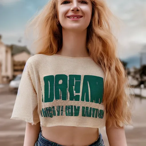 Prompt: !dream Portrait of a Blonde Girl, Young Beautiful Face, Green Eyes, Freckles, Wearing a white crop-top and jeans, with a subtle smile, Detailed, 8K, Epic, Charming, Character, Octane Rendering, Hyper Realistic