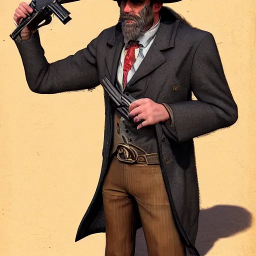 Prompt: well dressed preacher in the wild west holding a gun, 8k, artstation