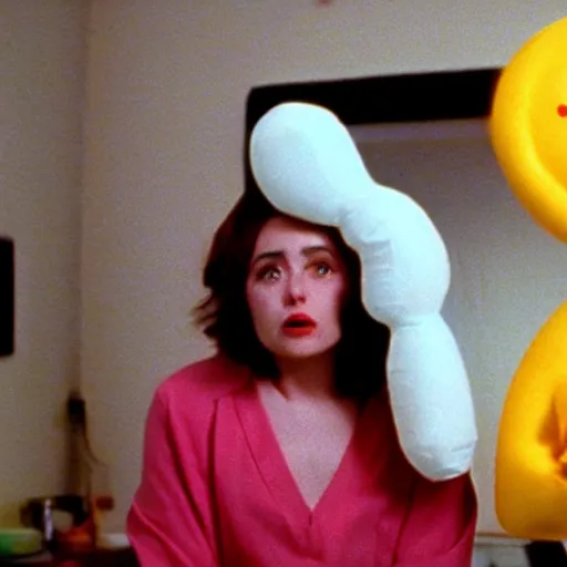 Image similar to still from a 1993 arthouse film about a depressed housewife dressed as a squishy inflatable smiley who meets a handsome younger man in a seedy motel room, color film, 16mm soft light, weird art on the wall