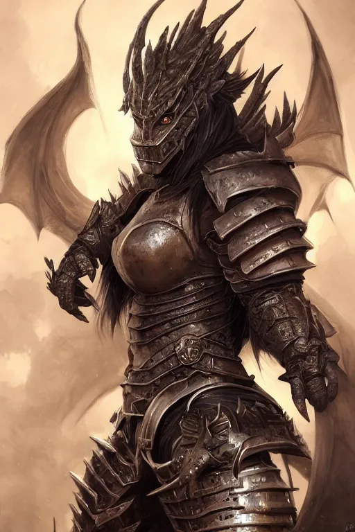 Image similar to A realistic anime portrait of a beautiful dark haired female orc knight wearing an intricate dragon plated armor, digital painting, by Stanley Artgerm Lau, Sakimichan, WLOP and Rossdraws, digital painting, painterly, Pixiv, Deviantart, golden ratio, rule of thirds, good composition, HD, 8k, award winning, promo art, splash art, rpg, jrpg, dungeons and dragons, DND, trending on ArtStation