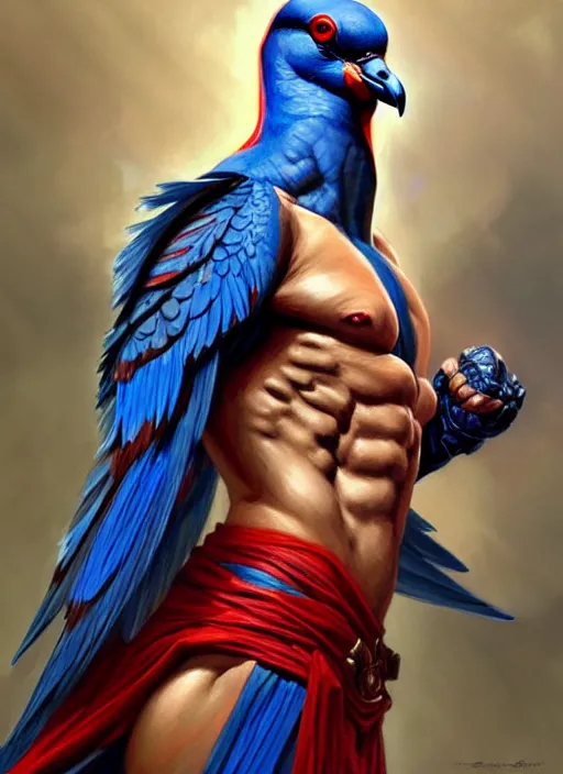 Image similar to portrait of aggressive pigeon humanoid, d & d, muscular! blue and red, fantasy, intricate, elegant, highly detailed, digital painting, artstation, concept art, smooth, sharp focus, illustration, art by artgerm and greg rutkowski and alphonse mucha