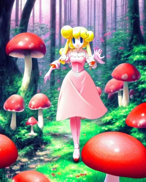 Image similar to princess peach from mario walking through a red and white spotted mushroom forest | | very very anime!!!, fine - face, realistic shaded perfect face, fine details. anime. realistic shaded lighting poster by ilya kuvshinov katsuhiro otomo ghost - in - the - shell, magali villeneuve, artgerm, jeremy lipkin and michael garmash and rob rey