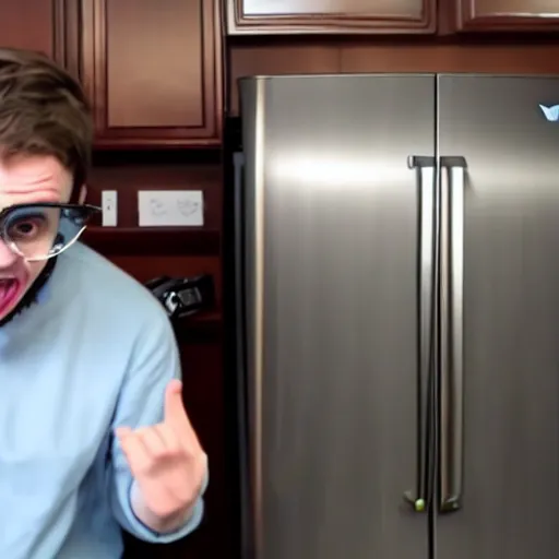 Prompt: photo still from a vlog, a scientist wearing a velociraptor mask, complaining about his samsung refrigerator