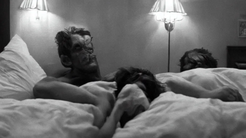 Prompt: movie still of having sleep paralysis, cinematic composition, cinematic light, criterion collection, by david cronenberg