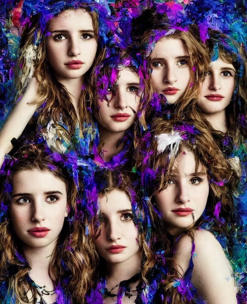 Prompt: young Emma Roberts, Thomasin McKenzie, and young Mädchen Amick as goddesses of ravens looking searchingly into your eyes. minute detail. blended shadowing. tricolors. ultra colorful. perfect lighting. perfect pose. amazing creative portrait illustration. the best portrait of a beautiful goddess in existence. large format image. image appears 3D.