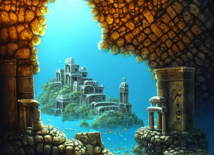 Image similar to ancient ruins favela, underwater environment, arches, urns, scenery, professional, award - winning, trending on artstation, hyper detailed, realistic, beautiful, emotional, shiny, golden, picture